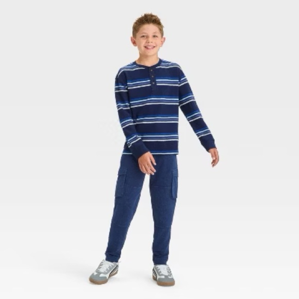 Cat & Jack Boys' Long Sleeve Relaxed Fit Striped Henley Shirt - Navy Blue S - Picture 3 of 4